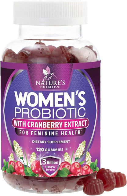 Nature's Nutrition Probiotics for Women Gummies with Cranberry - 6 Premium Strains for PH Balance, Digestive Health, Vaginal & Immune Support, Women's Probiotic Gummy for Feminine Health - 120 Gummies