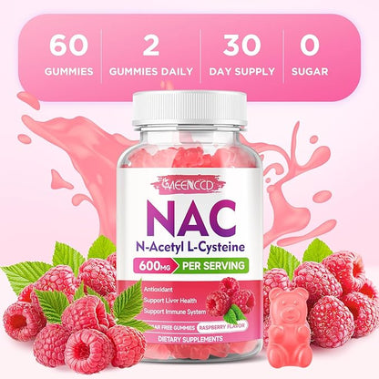 MEENCCD NAC Gummies, N Acetyl Cysteine 600mg, NAC Supplement for Antioxidants & Immune Support, Sugar-Free, Natural Raspberry Flavor, 60 Count