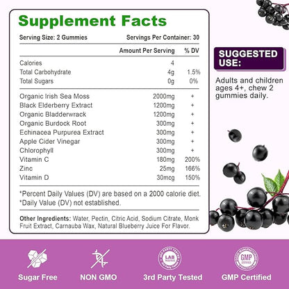2 Pack Elderberry Gummies with Sea Moss, Extra Strength Elderberry with Vitamin C, Zinc for Immune Support for Adults, Kids, Women & Men, Blueberry Flavor 120Cts
