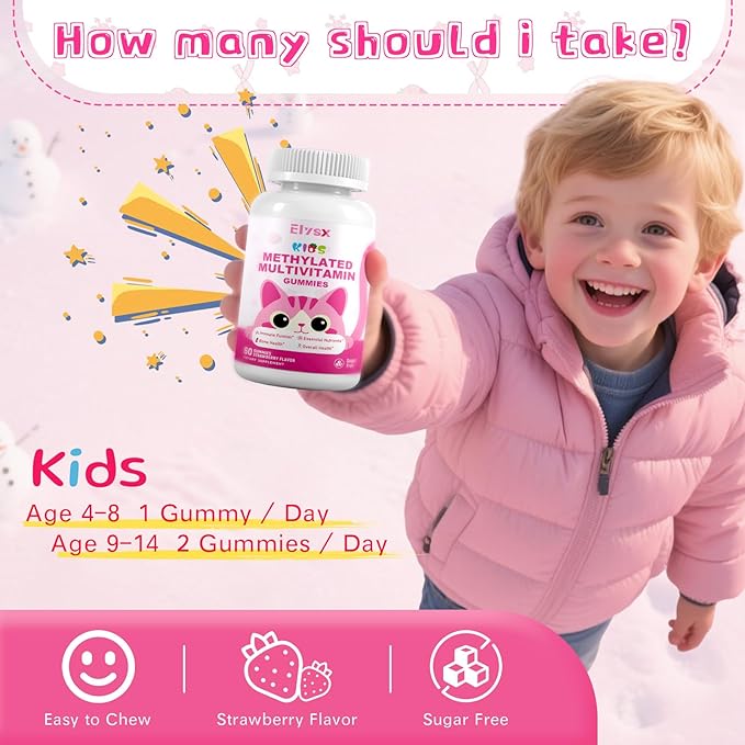 Kids Methylated Multivitamin Chewable Gummies, MTHFR Supplement with L Methylfolate, Magnesium, Biotin, Choline, Inositol, DHA, TMG & Coq 10, Immune & Brain Support, Strawberry Flavor, 120 Ct