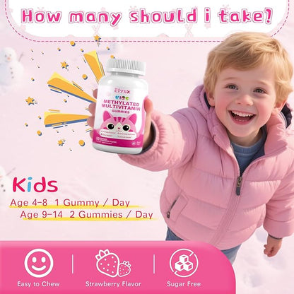 Kids Methylated Multivitamin Chewable Gummies, MTHFR Supplement with L Methylfolate, Magnesium, Biotin, Choline, Inositol, DHA, TMG & Coq 10, Immune & Brain Support, Strawberry Flavor, 120 Ct