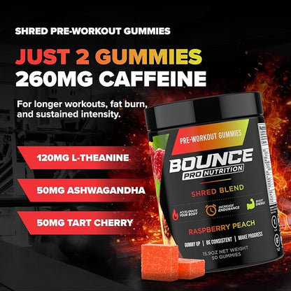 Bounce Pro Shred Blend Pre Workout Gummies – Raspberry Peach – 50 Vegan Gummies with Caffeine, Ashwagandha & L-Theanine for Energy, Focus & Endurance (50 Count (Pack of 1), Raspberry Peach)