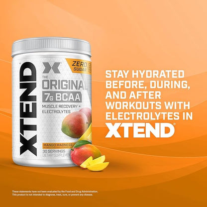 Xtend Original BCAA Powder, 7g BCAAs and 2.5g L-Glutamine for Muscle Recovery Hydration and Lean Muscle, Sugar Free Intra and Post Workout Drink with Electrolytes, Mango Madness, 30 Servings
