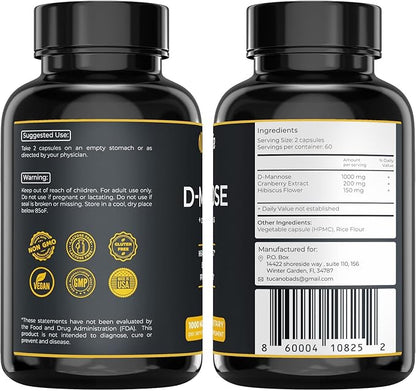 Urinary Tract Infection Treatments D Mannose 1000mg Capsules - Potent D-Mannose & Cranberry Pills with Hibiscus Extract - Healthy Bladder Control, Strength Urinary Tract Support (120 Capsules)
