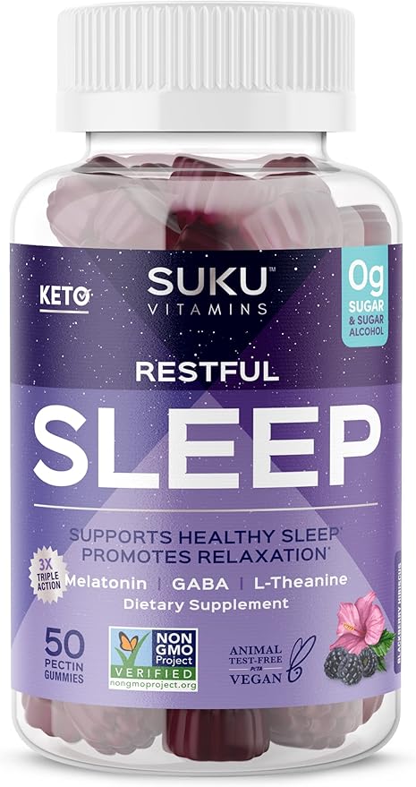 SUKU Restful Sleep Gummies – 3 mg Melatonin, L-Theanine & GABA – Vegan, Sugar-Free Chewable for Relaxation & Natural Sleep Support – BlackBerry-Hibiscus Flavor – Non-GMO, Gluten-Free – 50 Count
