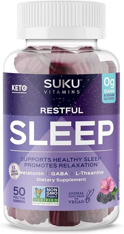 SUKU Restful Sleep Gummies – 3 mg Melatonin, L-Theanine & GABA – Vegan, Sugar-Free Chewable for Relaxation & Natural Sleep Support – BlackBerry-Hibiscus Flavor – Non-GMO, Gluten-Free – 50 Count