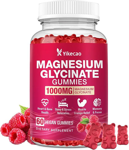 Magnesium Glycinate Gummies 1000mg, Magnesium Gummies for Adults & Kids with L-Threonate, Magnesium Supplement for Relaxation, Calm, Sugar Free, Raspberry Flavor, 60 Count