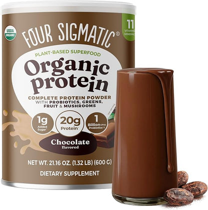 Four Sigmatic Organic Plant-Based Protein Powder | Clean Vegan Protein Elevated with Lion’s Mane, Chaga, Cordyceps and More for Brain Function and Immune Support | Creamy Cacao, 21.16 oz