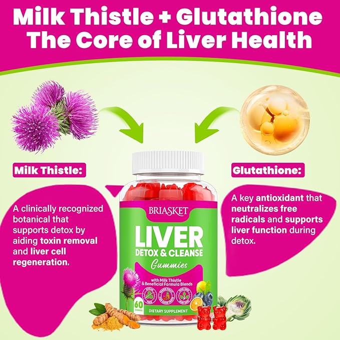 Liver Detox Cleanse & Repair, 2000 mg Milk Thistle Liver Detox, Liver Support Supplement with Glutathione, Dandelion Root, Turmeric & Artichoke, 23-in-1Herbal for Liver & Gut Health, Vegan, 60 Gummies