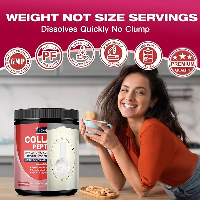 DRFOSTER Multi Collagen Peptides Powder with Probiotics - Type I II III V X Hydrolyzed Collagen Peptides with Multivitamins, Hyaluronic Acid & Biotin - Support Skin Hair Nail Joints & Gut, 35 Servings