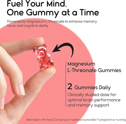 Magnesium L-Threonate Gummies for Adults & Kids 2000mg – Brain Supplements for Memory and Focus - Calm Magnesium Gummies for Improved Sleep and Healthy Mind - 60 Count (Strawberry)