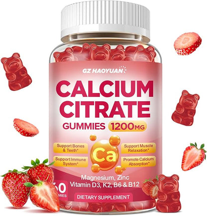 Calcium Citrate Gummies - 1200mg Calcium Gummies Supplements for Women & Men with Vitamin D3, K2, Magnesium, Zinc High Absorption for Bone, Muscle & Immune Support, Strawberry Flavor, 60 Count