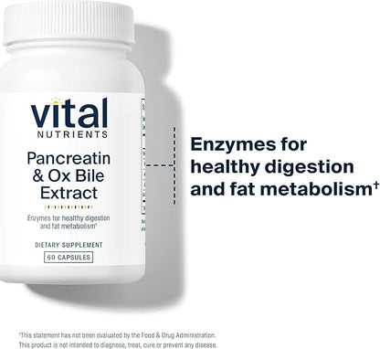 Vital Nutrients Pancreatin & Ox Bile Extract 500mg - Natural Digestive Enzymes for Women & Men - Supports Digestion of Protein, Fat, and Carbohydrates*- Gluten, Dairy & Soy Free - 60 Capsules