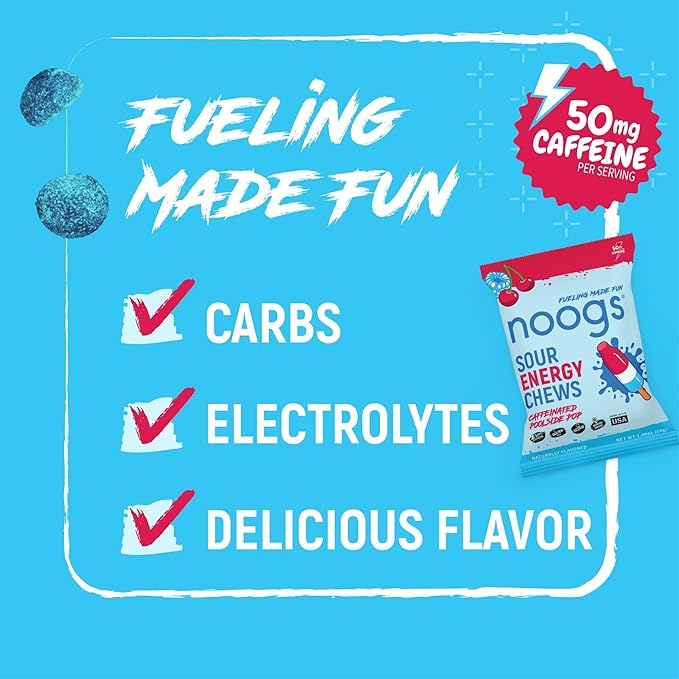 Noogs Sour Energy Chews, Poolside Pop Caffeinated Electrolyte Energy Gummies, 50mg Green Tea Caffeine, Popsicle Flavored Alternative to Running Gels, Vegan & Gluten Free, 12 Pack