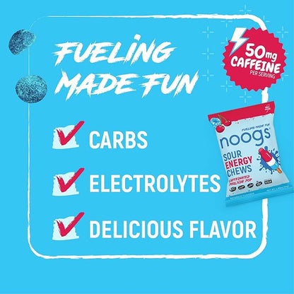 Noogs Sour Energy Chews, Poolside Pop Caffeinated Electrolyte Energy Gummies, 50mg Green Tea Caffeine, Popsicle Flavored Alternative to Running Gels, Vegan & Gluten Free, 12 Pack