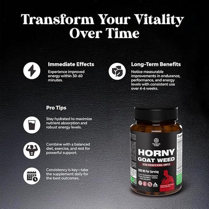 Horny Goat Weed for Men - Extra Strength Male Supplement with Black Maca Root, Tongkat Ali, Saw Palmetto & Panax Ginseng Extract for Stamina & Energy - 60 Count