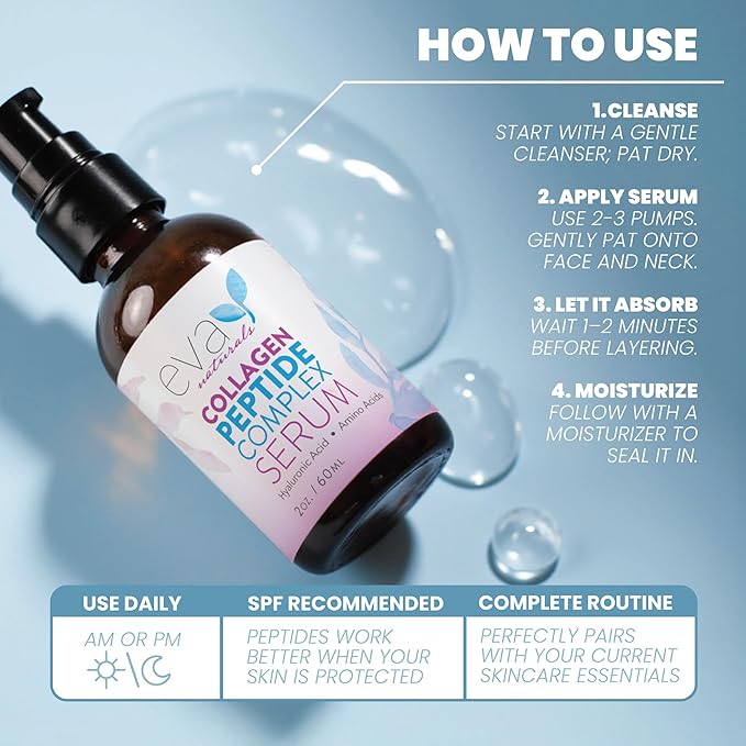 Eva Naturals Multi Peptide Face Serum – Anti Aging Collagen Peptides for Plump & Firm Skin Elasticity, Wrinkle & Fine Line Renewal, Fragrance Free Firming Facial Skincare - 2 oz