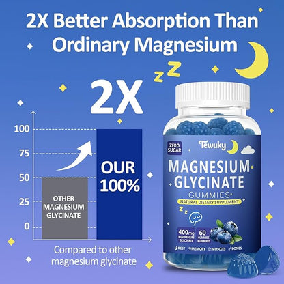 Magnesium Glycinate Gummies 400mg - Sugar Free Vegan Gummies for Adults & Kids with Vitamin D3, B6, C, CoQ10, Collagen, Zinc - Sleep, Muscle, Bone & Memory Support - 60 Blueberry Chewables / 2 Pack