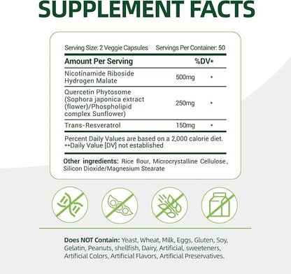 NAD+ Supplement with, Nicotinamide Riboside & Resveratrol 900mg – Anti-Aging Support for Women & Men, NMN Alternative, Vegan Non-GMO - 100 Capsules