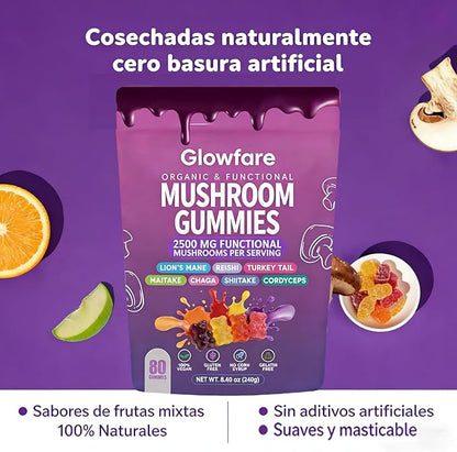 Mushroom Gummies, Organic & Functional Mushroom Gummies, Glow Fare Mushroom Gummies, Supplement for ImmuneDefense, Immune, Boosts Cognitive Performance and Energy, 80 Gummies (1PCS)