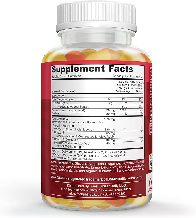 Feel Great Vitamins Kids DHA Gummies with Omega 3 6 9, Vitamin C (2-Pack) | Supports Healthy Brain Function, Vision & Heart Health | Gluten Free, Vegetarian | 60 Gummies