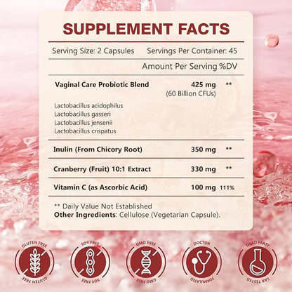 NATURE TARGET Vaginal Probiotics for Women, pH Balance for Women with Probiotic, Prebiotics, Cranberry & Vitamin C, Support Odor Control, Flora Balance, Urinary & Digestive Health, 90 Vegan Capsules