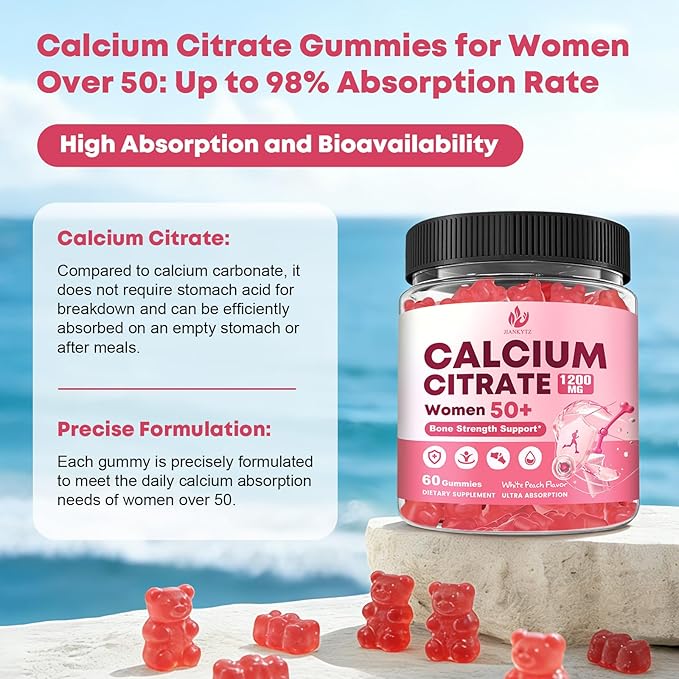 Calcium Citrate with Vitamin D3 Gummies for Women 50 Plus - Bones, Teeth, Immune Support, 1200mg Calcium Citrate Gummies with Vitamin D3 K2, Vegan, Sugar-Free, 60 Count