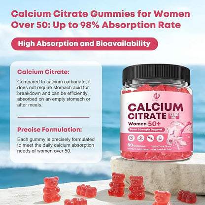 Calcium Citrate with Vitamin D3 Gummies for Women 50 Plus - Bones, Teeth, Immune Support, 1200mg Calcium Citrate Gummies with Vitamin D3 K2, Vegan, Sugar-Free, 60 Count