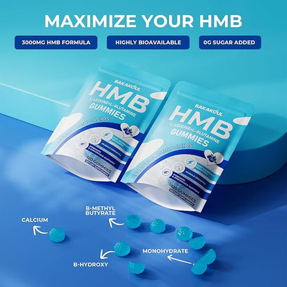 BAKAKOUL HMB and L-Leucine Gummies, HMB and Leucine Supplement Supports Muscle Fast Workout Support, HMB and Leucine Amino Acid for Men & Women, Sugar Free, Non-GMO, 120 Counts