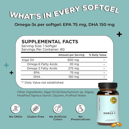 Future Kind Omega-3 Supplement for Clarity, Memory, and Mobility Comfort, 2 Months Supply of Citrus-Scented Softgels with EPA and DHA, Vegan Omega-3 Supplement from Algae, Carrageenan Free, 60 Count