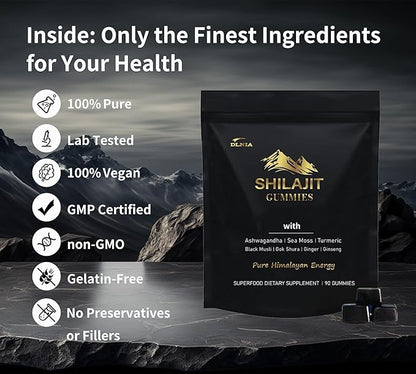 DLNIA Shilajit Gummies with Ashwagandha, Turmeric - Organic, Zero Sugar & Vegan-Friendly Himalayan Shilajit for Men & Women - Energy, Calm, Cortisol, Sleep, Immune Support & Overall Health