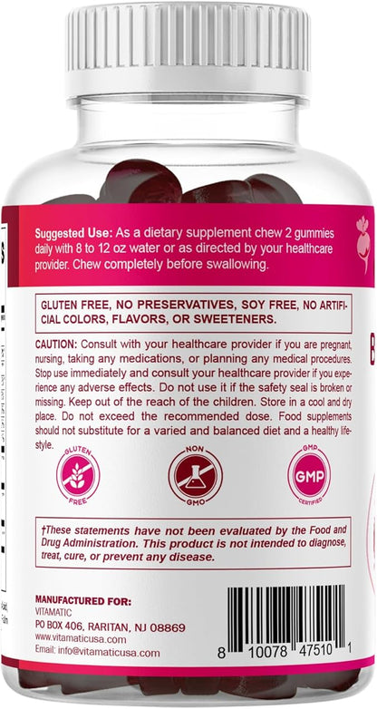 Vitamatic Beet Root Gummies with B6, B12, Grape Seed, Pomegranate & Nicotinamide – Plant-Based Extract – Vegan, Non-GMO – Botanical Supplement Gummies – 60 Count