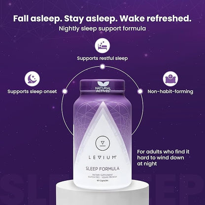 Levium Sleep Formula Supplement | Natural Relaxation Aid Capsules with Melatonin, GABA, L-Theanine, Magnesium | 60 Count Bottle – 30 Day Supply