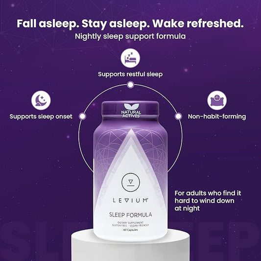 Levium Sleep Formula Supplement | Natural Relaxation Aid Capsules with Melatonin, GABA, L-Theanine, Magnesium | 60 Count Bottle – 30 Day Supply