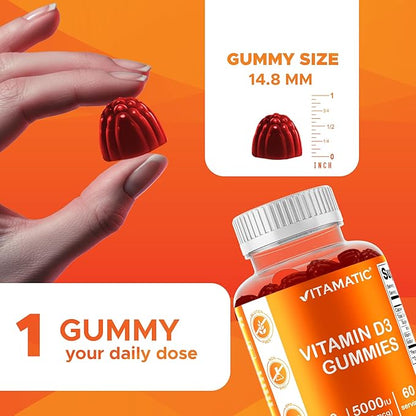 Vitamatic Vitamin D3 Gummies – 5000 IU Per Gummy | 60 Gummies per Bottle | Pack of 2 (Total 120 Count) Great Taste | Supports Bone, Teeth, Mood, Joint & Immune Health