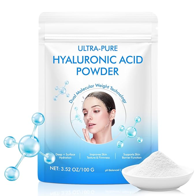 Pure Hyaluronic Acid Powder for Face & Joints, Dual Molecular Weight for Deep Hydration, Anti-Aging, DIY Serum Ingredient, 1 Scoop = 1 Bottle of Essence, 3.52 Oz