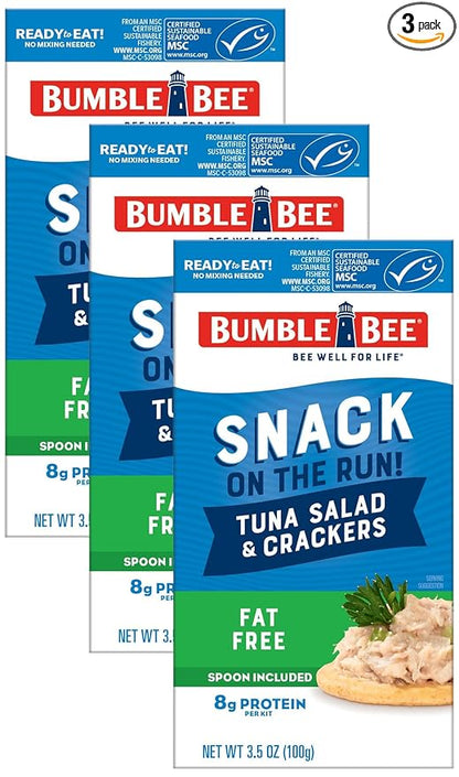 Bumble Bee Snack On The Run Fat-Free Tuna Salad with Crackers Kit - Ready to Eat Protein Snack Pack - 8g Protein per Box - Wild Caught MSC Certified Tuna - 3.5 oz (Pack of 3)
