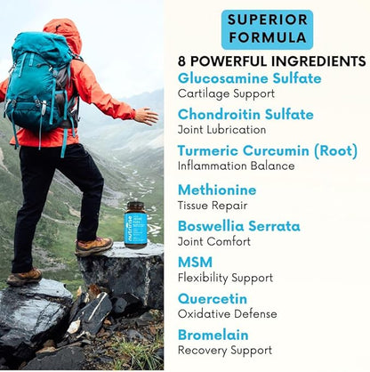 NutriRise Glucosamine Chondroitin Quercetin & MSM with Turmeric Curcumin 2100mg Triple Strength Joint Support Supplement for Women & Men with Boswellia & Bromelain, Gluten Free, Non GMO, 90 Count