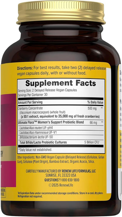 Renew Life Women's Wellness Vaginal and Urinary Probiotic and Cranberry Supplement, Probiotic Supplement for pH Balance for Women, Digestive Health, Dairy, Soy and Gluten-Free, 3.5 Billion CFU 60 Ct