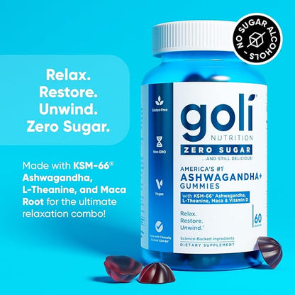 Goli Zero Sugar Ashwagandha Gummies, 60 Count Each (3 Pack, 180 Total) – with KSM-66, L-Theanine, Maca and Vitamin D - No Sugar Alcohols - Vegan, Keto-Friendly, Non-GMO