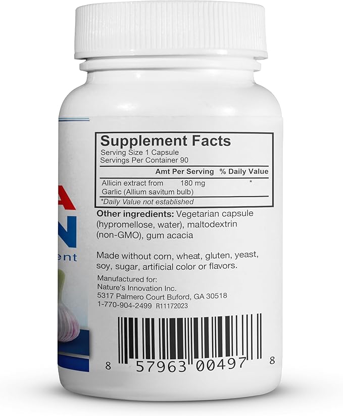 Potent Allicin Odor Controlled Garlic Supplement by Mega Allicin|180,000mcg (180mg) Veggie Capsules with Immune Support, Gluten-Free (90 Count)