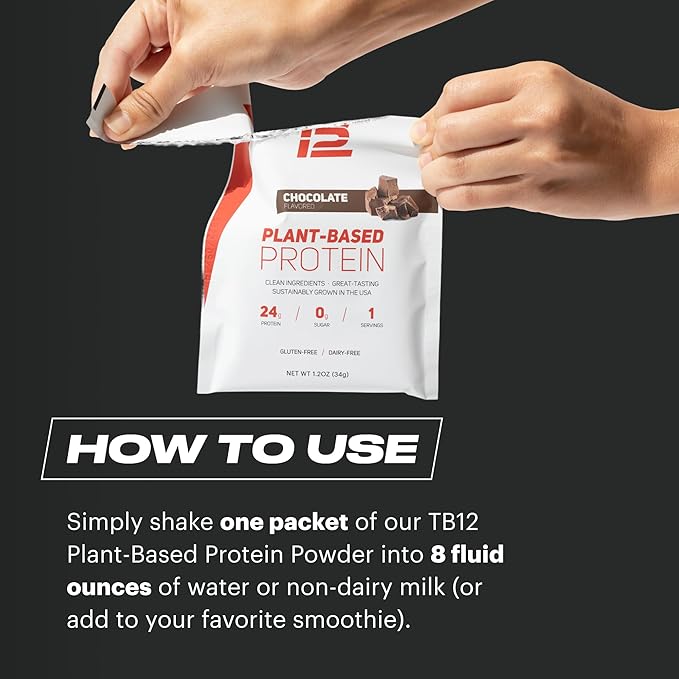TB12 Plant Based Protein Powder by Tom Brady, 24g of Vegan Pea Protein, Low Sugar, Low Carb, Non-GMO, Keto Friendly, Paleo, Sugar Free, Chocolate Flavor (1.12 Ounce / 12 Pack)