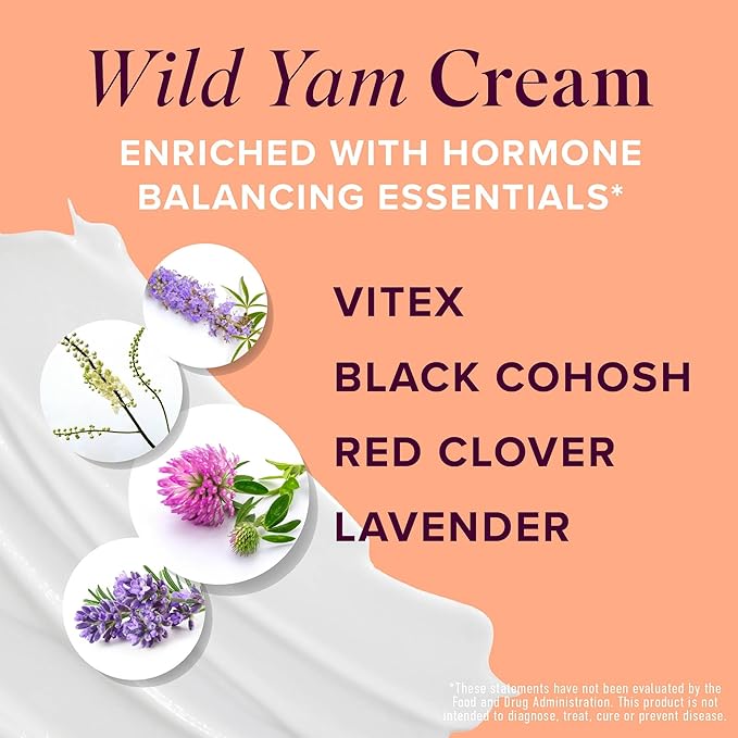 Wild Yam Cream for Hormone Balance | 3450mg Wild Yam for Herbal Menopause & PMS Support | Enriched with Vitex, Black Cohosh, Lavender & More | Estrogen & Progesterone Free Balancing Cream | 4 Oz.