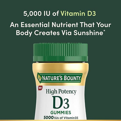 Nature’s Bounty Vitamin D 5000 IU Gummies, Vitamin D3 High Potency Immune Support & Bone Health Supplement, 5000 IU in 1 Gummy, Strawberry Flavor, 2 month Supply, 60 Vegetarian Gummies for Adults