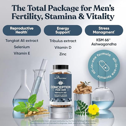 Eu Natural Conception for Him - Male Fertility Supplements with Ashwagandha, Folate & Zinc - Sperm Count, Motility & Strength Support - Fertility Support for Men, 120 Vegetarian Capsules