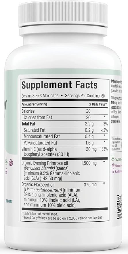 Organic Evening Primrose Oil Capsules 1500mg - EPO Gamma Linolenic Acid Supplement - Hormone Balance for Women - PMS & Hot Flashes Menopause Relief - GLA Hormonal Acne Supplements, 180 Count