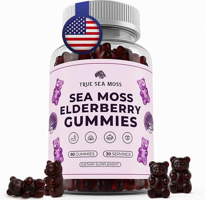 TrueSeaMoss Sea Moss Gummies with Elderberry, Burdock Root & Bladderwrack – for Adults & Kids 4+ – Fruity Flavor – 60 Gummies