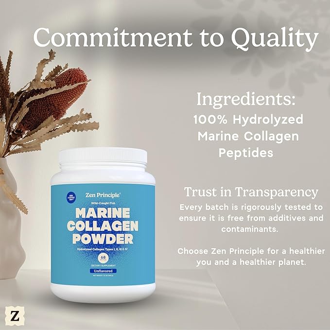 Zen Principle Marine Collagen Peptides Powder 1.5 lb. Wild-Caught Fish, Non-GMO. Supports Healthy Skin, Hair, Joints and Bones.Hydrolyzed Types I, II, III, and IV Protein. Amino Acids. Easy to Mix.