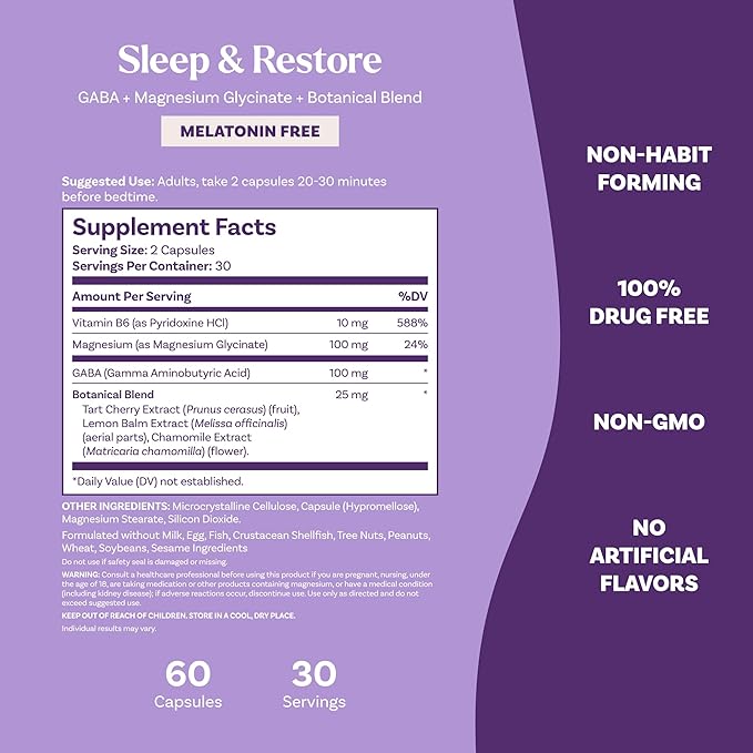 Natrol Sleep & Restore Capsules with Magnesium Glycinate 100mg,GABA,Essential for Your Ultimate Restorative Sleep,Melatonin-Free,30 Day Supply,(Pack of 2)