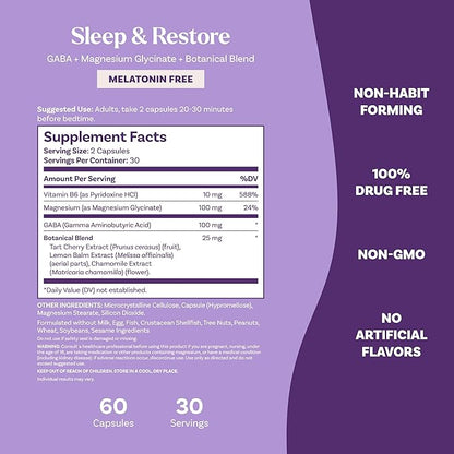 Natrol Sleep & Restore Capsules with Magnesium Glycinate 100mg,GABA,Essential for Your Ultimate Restorative Sleep,Melatonin-Free,30 Day Supply,(Pack of 2)